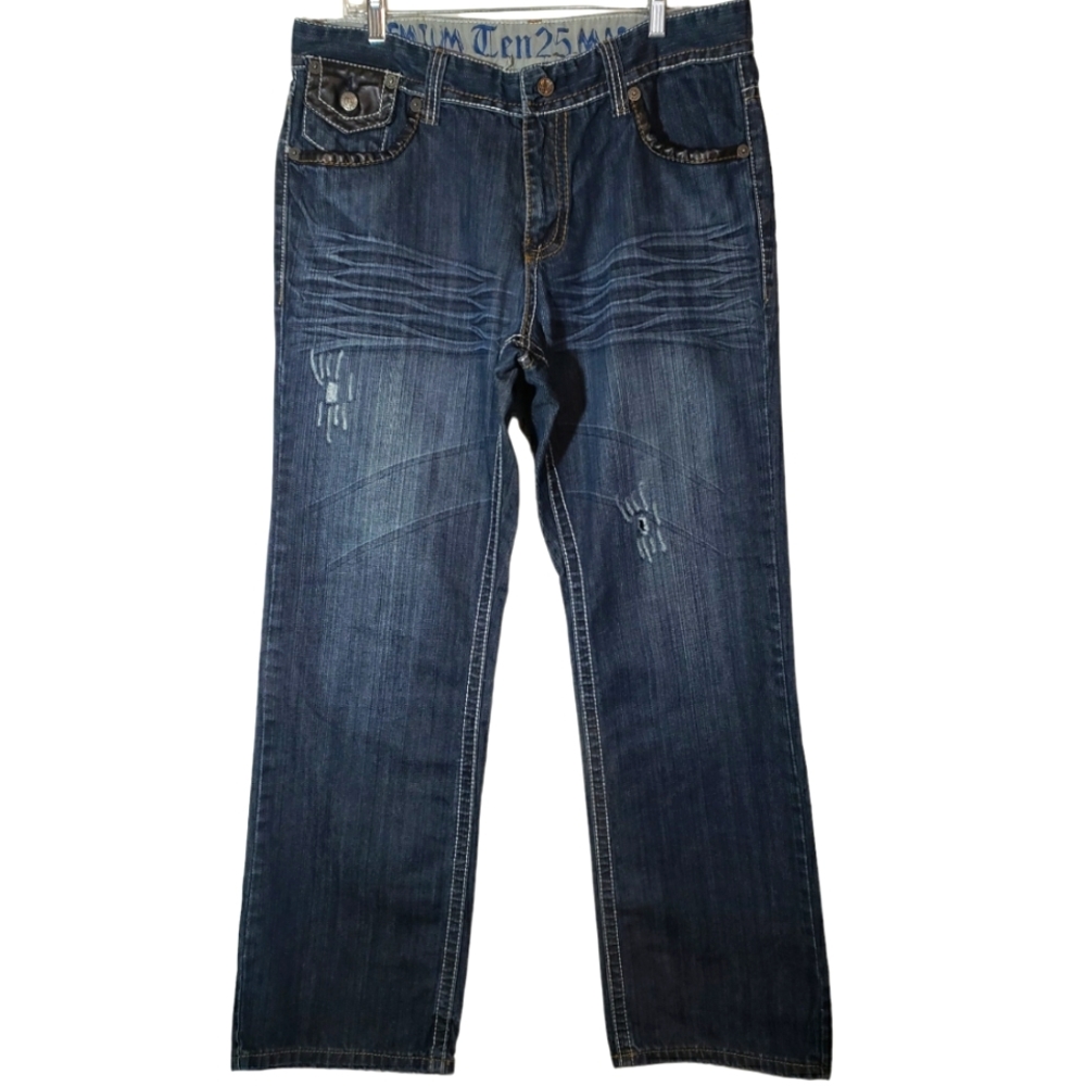 Ten25 Premium Marcus Straight Leg Distressed Dark Wash Jeans Size 36